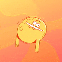 Illustrated gif. Sun-like spherical character slumps and sweats in the center of a hazy radial background, swiping his forehead and exhaling uncomfortably.