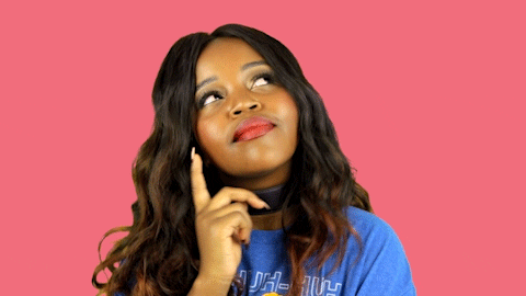 Celebrity gif. A pensive Tkay Maidza is trying to make a decision, and taps her jaw as she tilts her head back and forth.