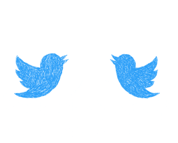 two blue twitter logo birds having a conversation saying pic and tweet and sending a heart