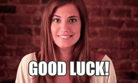 TV gif. Allison Williams as Marine from Girls. She looks eager and hopeful as she crosses both fingers on both hands and raises them up. Text, "Good luck!"
