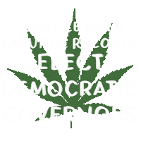 Digital art gif. Green marijuana leaf with a message in white marker font, "Legalize weed, expunge records, Elect democratic governors."