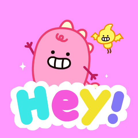 Cartoon gif. Round, pink dinosaur, Dino Sally, smiles a toothy grin and waves hello as her tiny yellow pterodactyl friend flies in place nearby, smiling. Text, "Hey!"