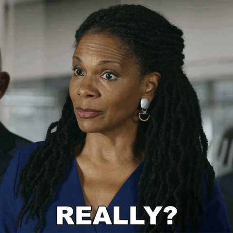 TV gif. Audra McDonald as Liz from the Good Wife is taken aback, blinks in surprise and asks, "Really?"