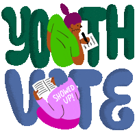 Text gif. Giant mossy-green and harbor-blue play-doh letters bob and float, reading, "Youth vote," the U and O replaced with minimalist representations of young people studying, one wearing a shirt that reads, "Showed up."