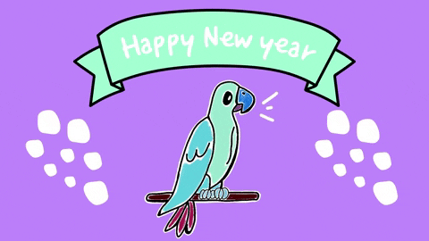 Digital art gif. A parrot is standing on a branch squaking and above it a banner reads, "Happy new year!"