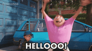 Movie gif. Gru from Despicable Me wears a bubblegum pink shirt and dramatically squats and waves his arms in the air in front of a blue car. He says with wide eyes, "Hellooo!," which appears as text. Margot looks at him with an alarmed expression. 
