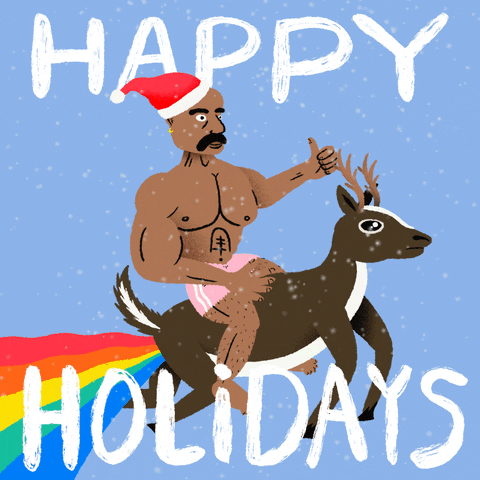 Illustrated gif. A topless, muscular man wears a Santa hat while riding a reindeer, which is shooting rainbows out of its butt. Text, "happy holidays."