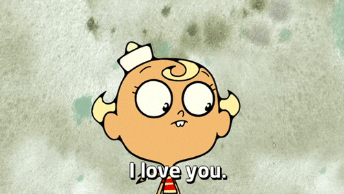 TV gif. Cartoon Flapjack from the show "Flapjack" clasps his hands together in front of his face and looks at us with big glassy eyes welling up with tears as he says, "I love you."