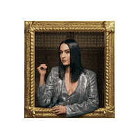Sponsored sticker gif. Gold-framed portrait of Traitors cast member Nikki Garcia tilts from side to side.