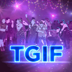 Cartoon gif. A big group of people dance in a lively disco. Glowing neon blue text, "TGIF."
