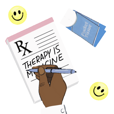 Digital art gif. Animation of a doctor's hand writing on a prescription pad. The text reads, "Therapy is medicine." Next to the pad is a small package of tissues.