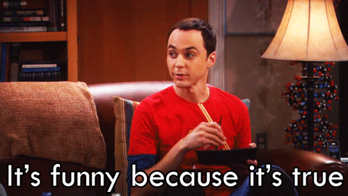 TV gif. Jim Parsons as Sheldon in Big Bang Theory holds a bowl and a pair of chopsticks, sitting on a couch. He looks over and says pointedly, "It's funny because it's true," which appears as text.