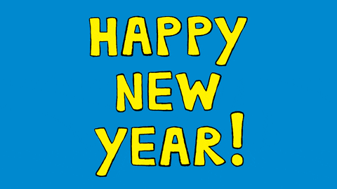 Cartoon gif. Simon, Ferdinand, and Lou from "Simon" hop up excitedly in front of text that reads, "Happy new year!"