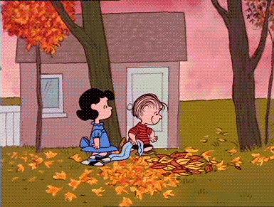 Peanuts gif. Linus kicks up a flurry of autumn leaves as he walks with Lucy through a yard.