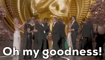 Oscars 2024 GIF. Oppenheimer wins Best Picture. While the cast and crew file in behind her, Emma Thomas turns towards the crowd and says, "Oh my goodness!"