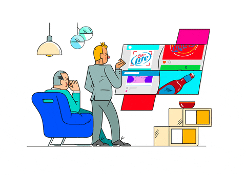 two business men one sitting on a blue couch and the other one standing looking at his nails whilst screens of adverts of products are scrolling in front of them
