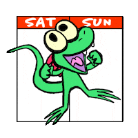 Sticker gif. Green cartoon dragon standing on an oversized calendar that bears only Saturday and Sunday, stretching their arms to the heavens with joy.