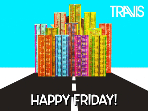 Digital art gif. We pan over a skyline of colorful buildings to a man with his face painted yellow smiling through a circle surrounded by sun rays. Text, "Happy Friday!"
