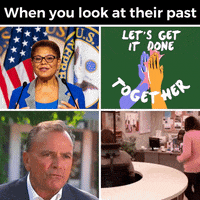 Parks and Recreation gif. Split screen. The header reads, “When you look at their past.” At the top, a photo of Karen Bass next to an animation of two hands high-fiving that says, “Let’s get it done together.” Below, is a photo of Rick Caruso next to a scene of Nick Offerman as Ron Swanson sitting at a circular desk as a citizen attempts to speak to him. He swivels his chair slowly as the citizen runs in circles to get his attention.