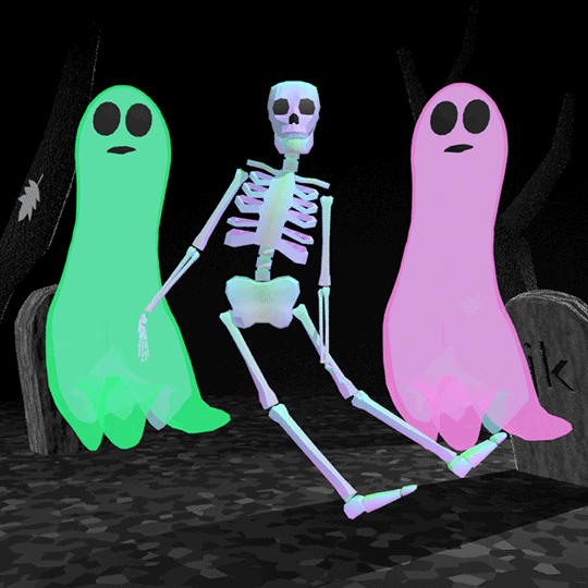 Digital art gif. Two ghosts, one pink and one green, are beside a skeleton. All of them are floating in midair and they sway in unison, side to side.
