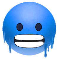Sticker gif. Freezing blue emoji with icicles dripping down its face chatters its teeth as one eye twitches over a transparent background.