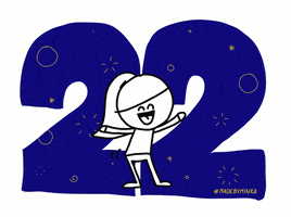 Illustrated gif. Doodle of a girl moving her hips side to side and her arms up and down. Fireworks go off behind her. Text, “Twenty two.”