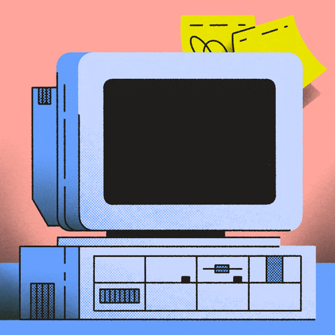 Illustrated gif. Graphic depiction of a Commodore-era desktop computer on a blue desk against a pink wall, bitmap letters rolling out a message on a dark screen. Text, "Find your polling place, i-will-vote-dot-com."