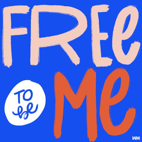 Digital art gif. The words, "free to be me" quiver in front of us in cream, blue and red all-caps font, against a bright blue background.