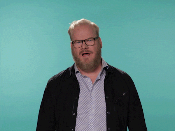 Celebrity gif. Jim Gaffigan looks at us and gasps. He then puts his hands on his chest and smiles warmly like he’s emotionally touched. 