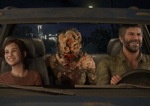 The Last of Us game meme - animation of Joel, Ellie and a Clicker zombie jamming out together