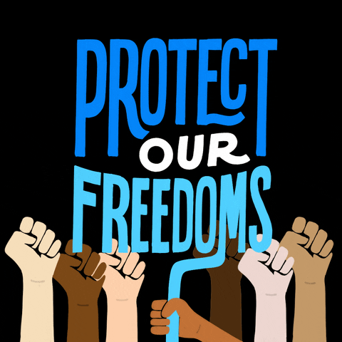 Illustrated gif. Stenciled fists raising in solidarity, each in a different color, on a black background, slender graphic text in blue and aqua reads, "Protect our freedoms."