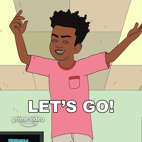 TV gif. Animated Truman on Fairfax raises his arms in the air as he cheers. Text, "Let's go!"