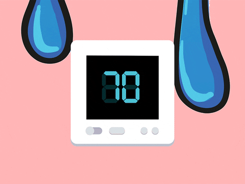Illustrated gif. We zoom in on a digital thermostat as the temperature increases until it reaches 110 and reads, "Too hot." 
