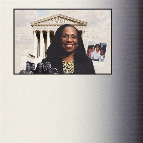 Political gif. Photo collage of Ketanji Brown Jackson and the Supreme Court Building on an ivory background. Text, "Republicans and Democrats agree, she is worthy of the bench. The motion for bipartisan support has been granted."