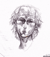 Illustrated gif. We flash through a series of unsettling sketches of gray faces with forlorn expressions and a more abstract, colorful sketch of someone with a lot of gadgets connected to their head.