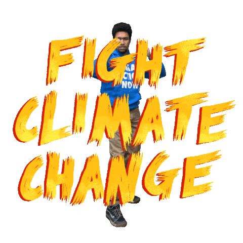 Digital art gif. Man with his fists raised karate-kicks large orange font that reads, "Fight climate change," the phrase breaking into tiny pieces.