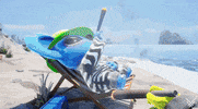 Video game gif. Gameplay from the video game 'Cuffbust'. Features a character resembling a blue koala dressed in a prison-striped outfit and a green bucket hat. The character, who appears to be smoking a spliff, surprisingly uses it as a blowgun to target a helicopter flying overhead. The spliff hits the helicopter, resulting in an explosion. Afterwards, the character passes the spliff to another koala-like character.
