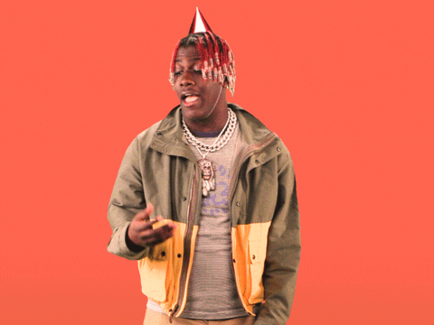 Video gif. Lil Yachty wears a birthday hat and a big jacket. He holds out one hand then the other, then holds up the number 1 and points at us. Text appears as he moves, "Happy Birthday 2 You."