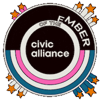 Digital art gif. Circle badge with flashing pink, white, and blue arcs sprouts shooting stars against a transparent background. Text, “Proud member of the civic alliance.”