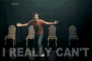 Video gif. Young man frantically swats away scattered text reading, "Feels." Four antiquated chairs stand perfectly spaced apart behind him, and faint text at the bottom reads, "I really can't."