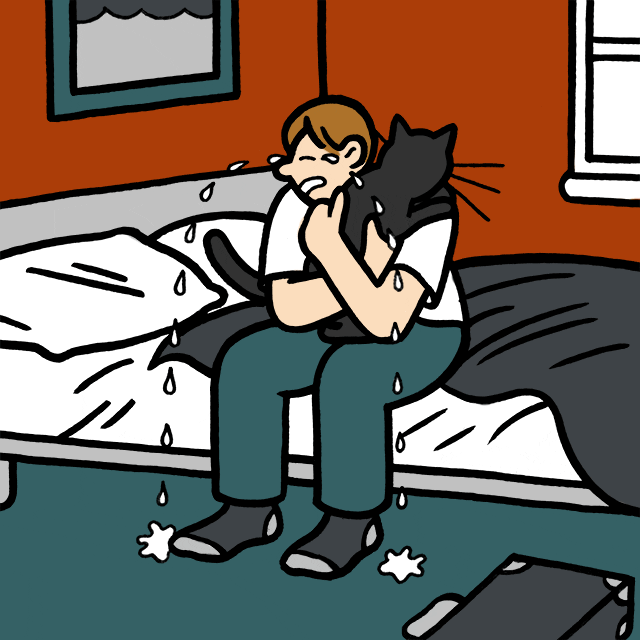 Illustrated gif. A person sitting on the edge of a bed, holding a black cat over his shoulder, as tears stream from their eyes.