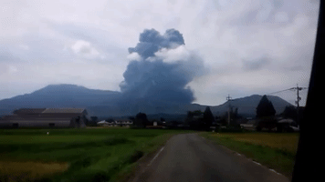 Thick Ash Cloud Surrounds Mount Aso After Eruption