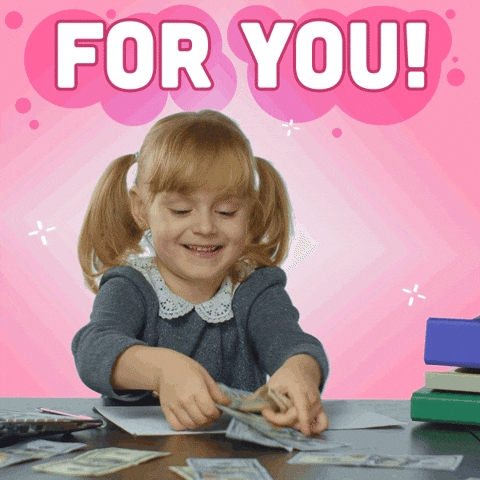 Giphy gif of little girl throwing dollar bills and saying "Your Money"