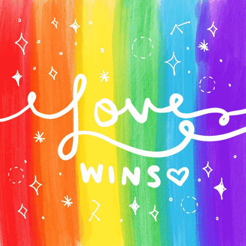 Text gif. Line art with diamonds and stars blinks on a pulsing rainbow background. Text, "Love wins."