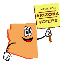 Digital art gif. Apricot orange graphic of the anthropomorphic state of Arizona holding a butter yellow picket sign that reads "Thank you Arizona voters!"