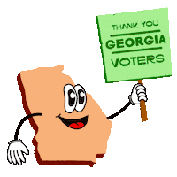 Digital art gif. Peach-colored graphic of the anthropomorphic state of Georgia holding a spring green picket sign that reads "Thank you Georgia voters!"