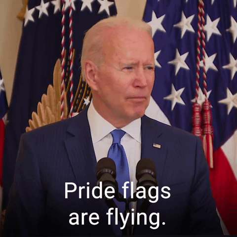 Pride flags are flying.