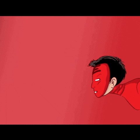 Cartoon gif. Ninja dressed in red runs forward fast with his arms floating behind him.