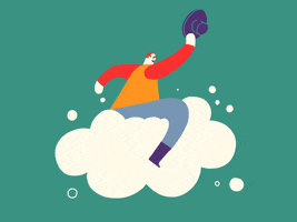 Illustrated gif. Man is riding a cloud that bucks and spins like a bull. He holds his cowboy hat in the air as he keeps his balance with no hands.