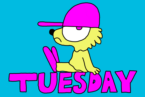 Cartoon gif. Against a neon blue backdrop, a yellow fox with a magenta eye, cap, and feet glares at us from the side and sits boredly on blocky magenta letters that read, "Tuesday."